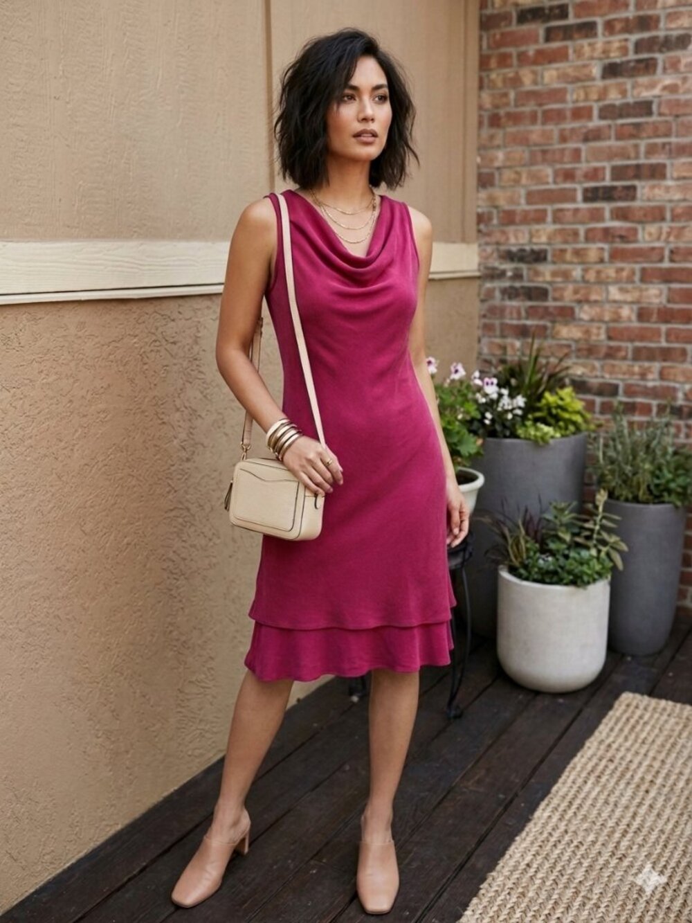 Jones New York NWT Fuchsia Silk Cowl Neck Y2K Tiered Flounce Midi Dress Size 4